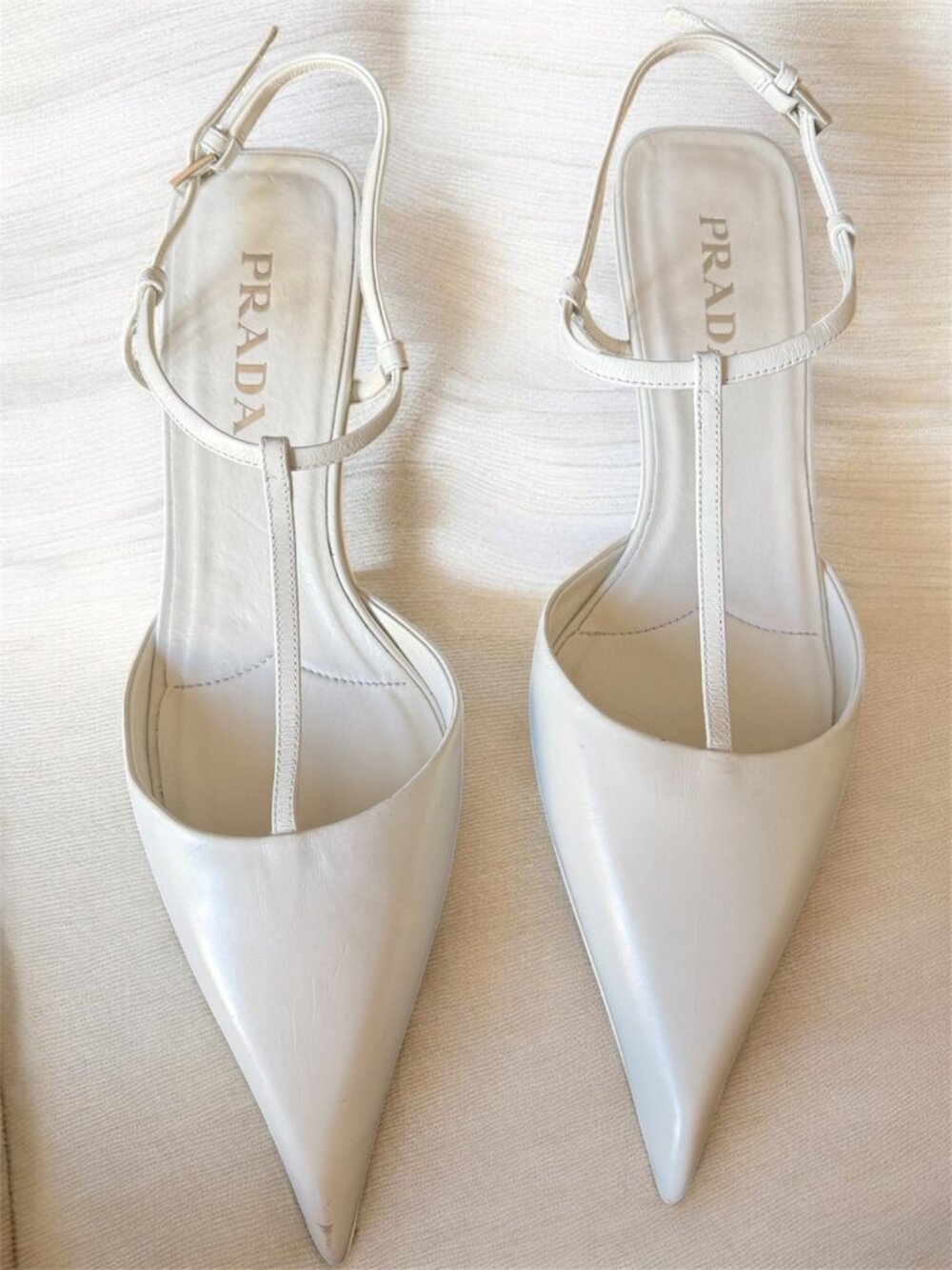 Prada Cream Leather T-Strap Pointed-Toe Slingback Heels